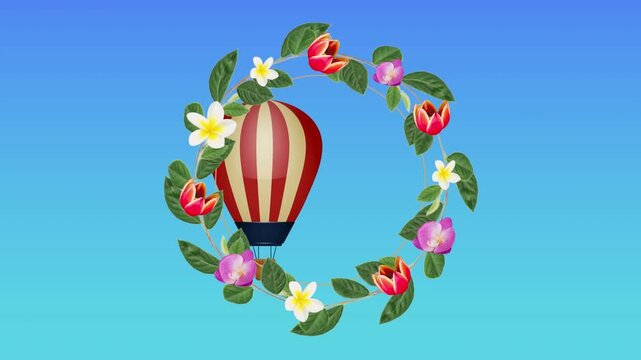 Animation of colorful flowers and leaves wreath over flying hot air balloon on blue background