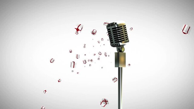 Three christmas gifts, a microphone on a stand, and a background of white are shown in the animation