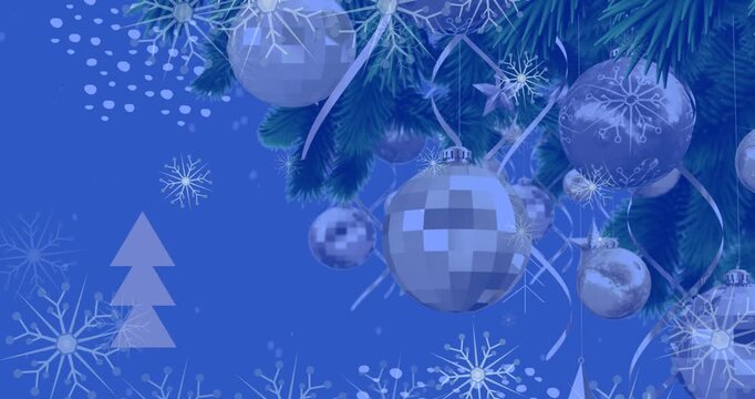 Animation of snowflakes icons falling over decorated christmas tree branch against blue background