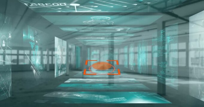 Animation of scope scanning over screens with medical data processing against empty warehouse