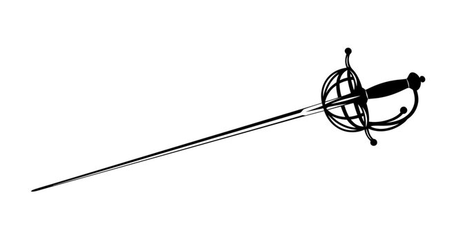 An isolated white background highlights a sharp metal sword and shield alongside two crossed swords as steel equipment and old vector objects