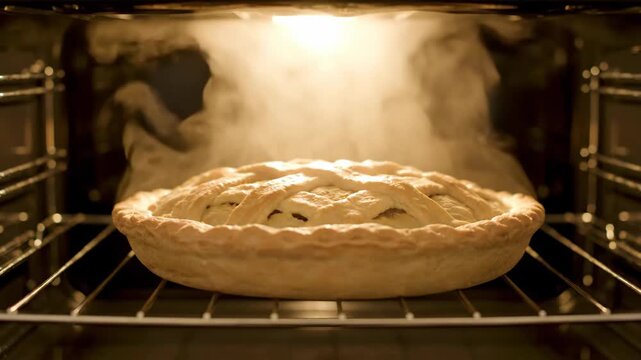 Senior woman putting apple pie into oven, baking at home, cooking food.