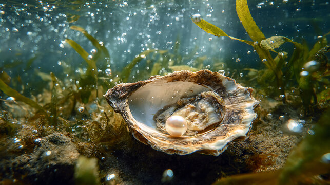 Fresh oyster in ocean with seaweed
