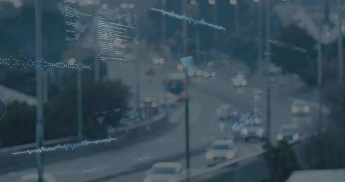 Animation of data processing against aerial view of city traffic
