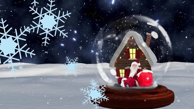 Animation of snowflakes on house and santa statue in glass sphere against snowfall on land