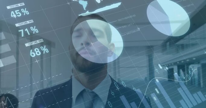 Animation of infographic interface over caucasian businessman walking in office