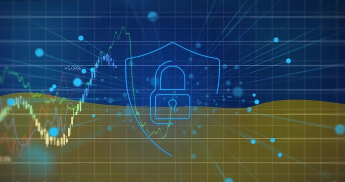 Animation of graphs with changing numbers, padlock in shield over ukraine flag