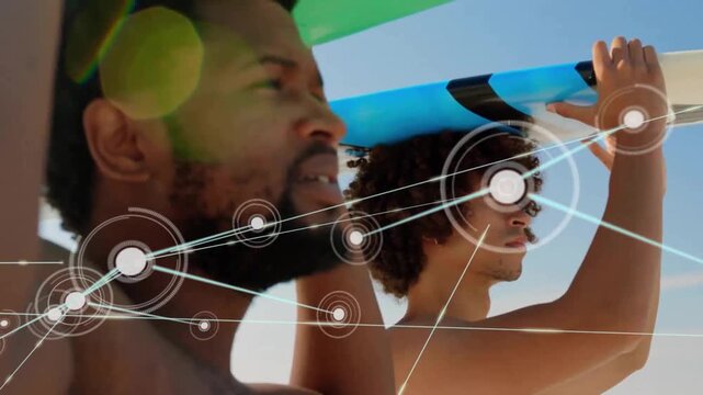 Animation of network of connections with icons over diverse men with surfboards by sea