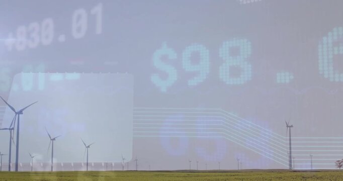 Animation of financial data processing over wind turbines field in countryside