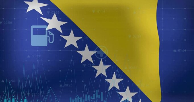 Animation of graphs, data and energy icons over flag of bosnia and herzegovina