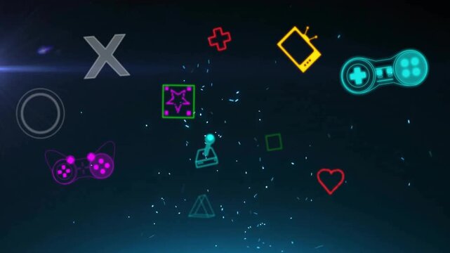 Animation of colourful video game controllers and icons over white particles on black