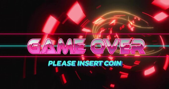 Animation of game over only text over neon tunnel on black background