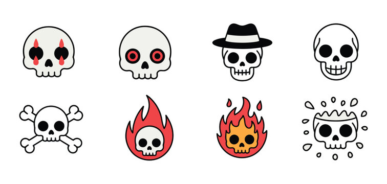 Set of various cartoon skull and crossbones icons in different styles, cute, angry, bloody, fire, and cracked variations, vector illustration for Halloween, horror themes, toxic warning, and edgy grap