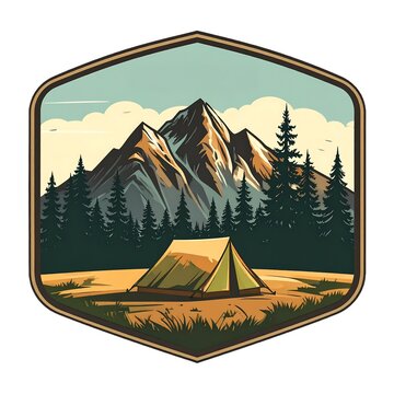 Vintage style camping tent illustration set before tall jagged mountain peaks inside a hexagon on transparent background