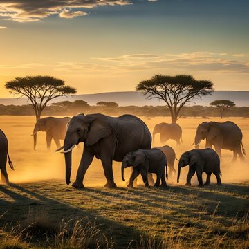 Majestic elephant herd with calves traverses the dusty african savanna at sunset bathed in warm golden hour light acacia trees silhouetted against a hazy sky creating a serene