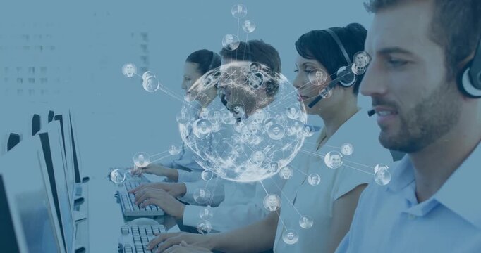 Global network animation over diverse customer service representatives working on computers