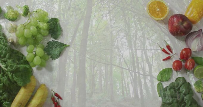 In school, animation of fresh fruits and vegetables over serene forest background