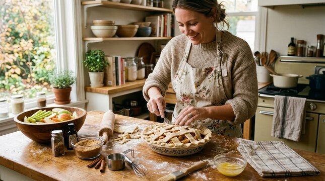 Woman preparing apple pie in a rustic kitchen with ingredients on the counter.