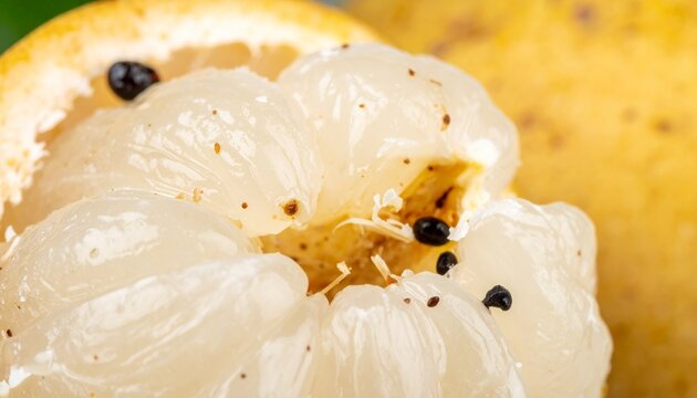 Close-up cross-section of marang fruit showing creamy flesh and seeds on yellow background