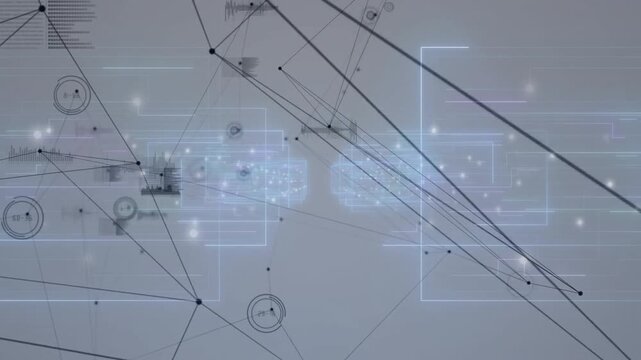 Digital network map showing thin lines connecting circular nodes and glowing translucent rectangles