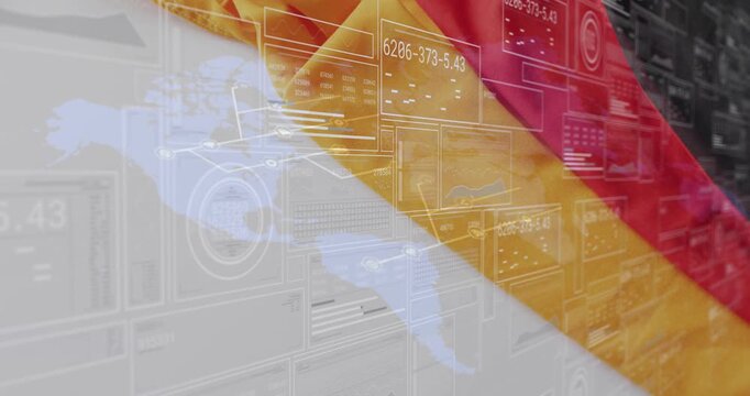 On appearance 3D German flag draping panels updating network lines connecting servers for tech demo