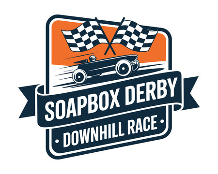 Soapbox derby downhill race logo vector illustration, dynamic racing emblem design for event branding, competitive gravity car sport identity
