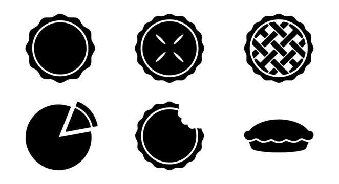 Minimalist pie icon set, black silhouette bakery symbols, 6 vector dessert elements
