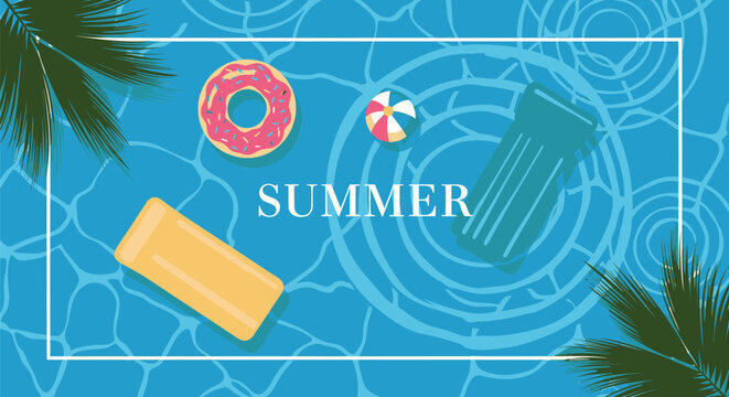 Summer, beach, vacation, icons, vector graphics, pool float, inflatable ring, beach ball, tropical leaves, summer vibes, illustrations