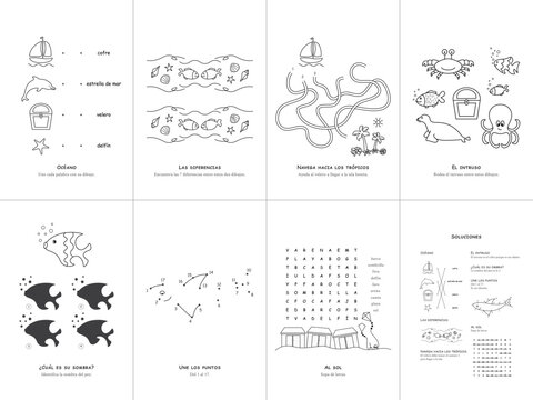 Set of 7 kids sea activity games, Spanish language, educational worksheet, vector illustration, No. 3.