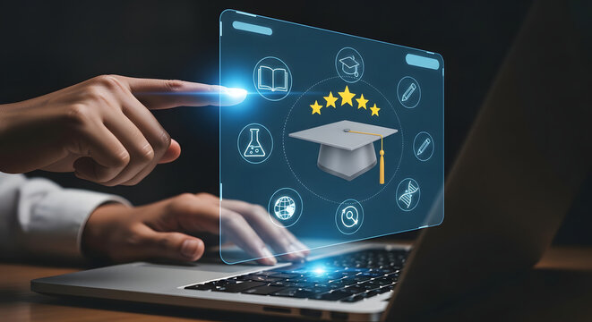 A person uses a laptop with icons related to online education and graduation