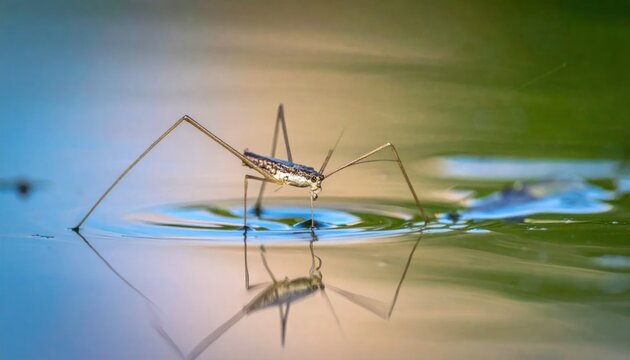 Macro shot of a water strider insect on the surface of calm water with reflections.