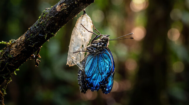 Blue Butterfly Emerging from Chrysalis on Branch in Forest