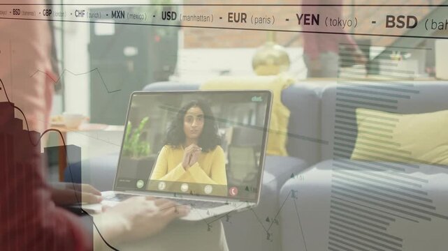Live call starting, laptop showing remote woman while typist typing, overlay growing for markets