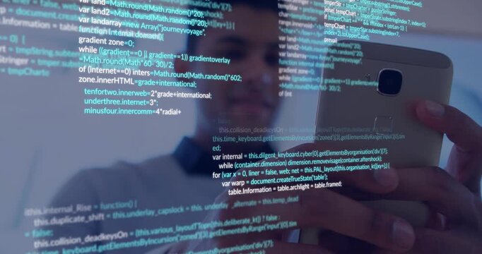Man holding smartphone adjusting grip while checking screen in mirror, tech code filling reflection