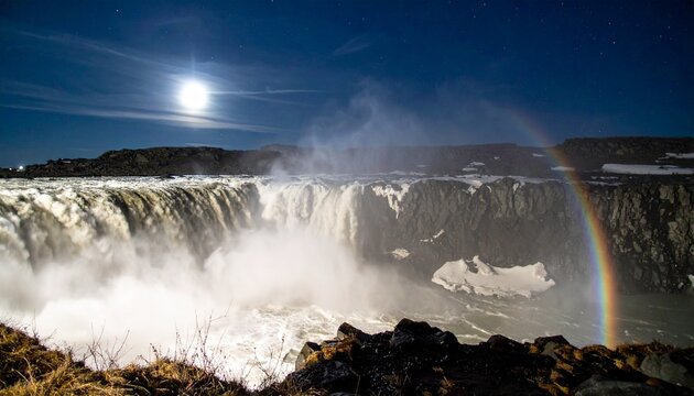 Moonlit geothermal waterfall with lunar rainbow and steam at dusk in Iceland