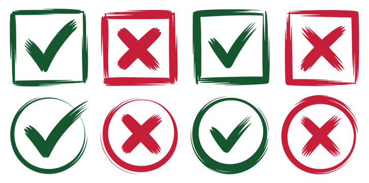 Checkmark and cross icon set, grunge green check mark and red cross symbols with brush style, correct and incorrect signs in circle shapes, clean isolated