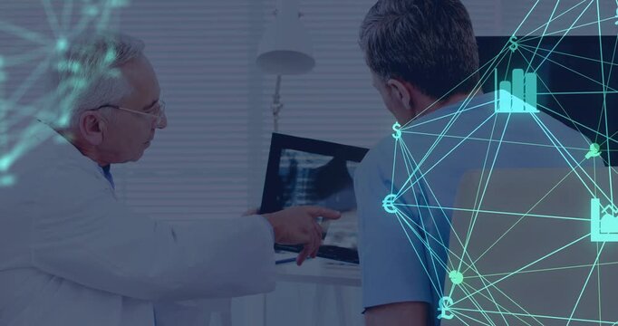 Entering lab-coat doctor holding spine X-ray, pointing and explaining diagnosis in clinic, overlay