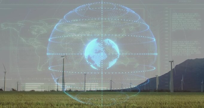 Data input initiating digital globe assembling, rotating over wind farm, showing energy data, map