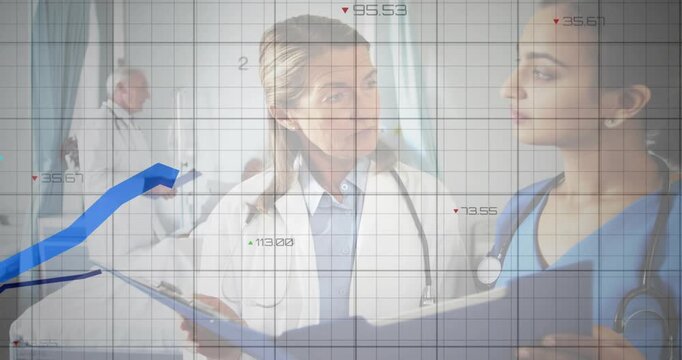 Sr doc pointing chart while nurse reviewing patient data, causing clinical grid, trend lines rising