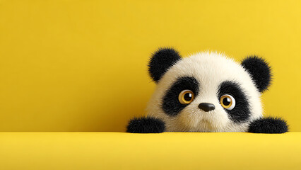 Obraz premium Cute panda bear peeking from behind a yellow surface with big eyes looking curious and playful on a bright yellow background