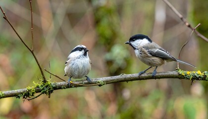 Fototapeta premium Two black-capped chickadees perched on mossy branch in spring woodland