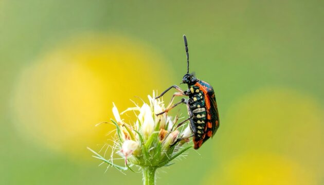 Macro photograph of a colorful insect perched on a delicate white flower bud.