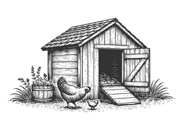 Vintage Woodcut Style Vector Illustration of a Wooden Chicken Coop with Hens and Roosters in a Rustic Farm Setting Isolated on White Background © Chairul