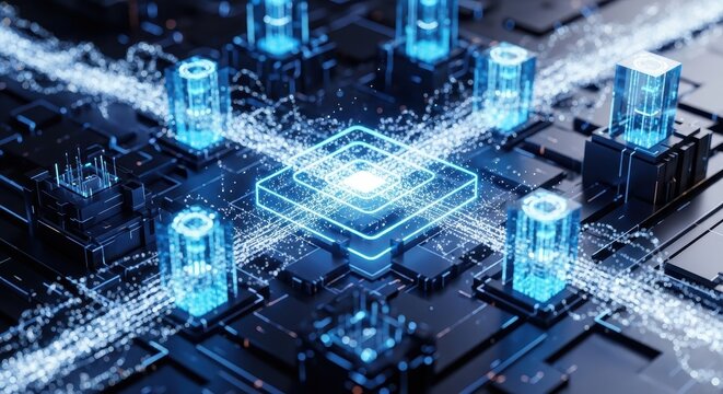 Abstract futuristic central processing unit digital data motherboard concept with neon glowing circuits and quantum computing architecture representing advanced high tech electronics systems design.