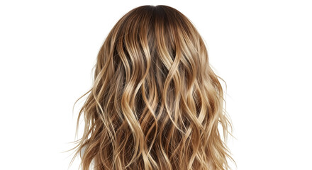 Naklejka premium A woman with long, wavy hair against a white background, highlighting her hairstyle and beauty.