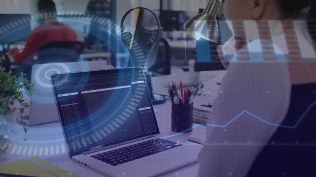 Seated woman reading code on laptop, HUDs appearing with radar bars, line chart for tech insights