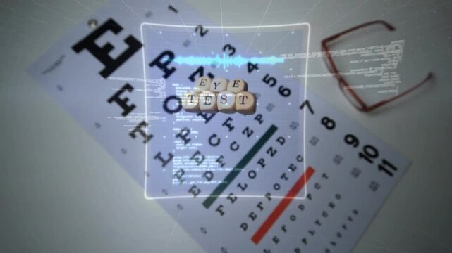 Soft blue glow appearing and HUD elements scanning Snellen eye chart for optometry diagnostic