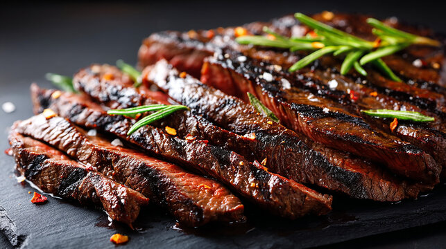plate of grilled steak slices garnished with rosemary