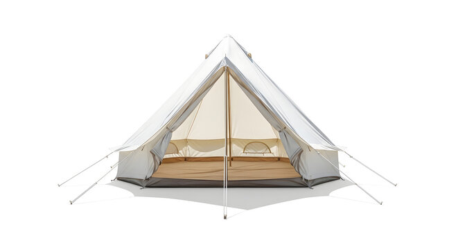 A luxurious white tent with a wooden floor and comfortable bedding for a serene outdoor experience