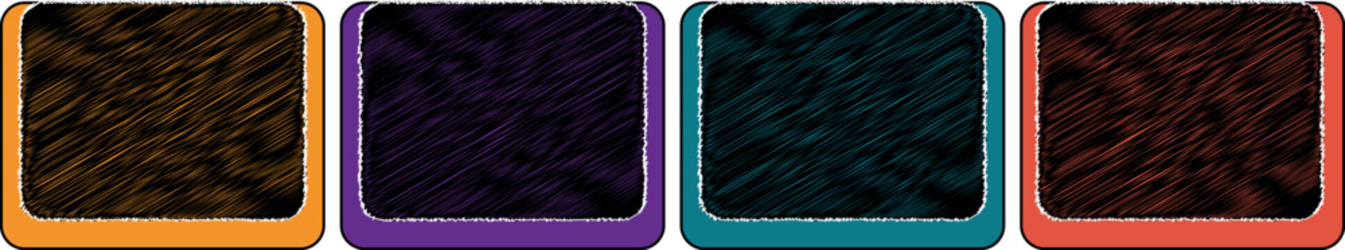 Four rounded square frames featuring a dark scribbled texture inside highlighted by orange purple teal and red colored borders. These unique design elements are perfect for creative UI buttons 